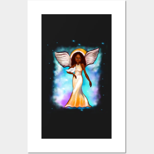 Angel with dove - Black angel of peace  ! with Afro hair, green eyes, Cherry pink lips and dark brown skin. Hair love ! Wall Art by Artonmytee